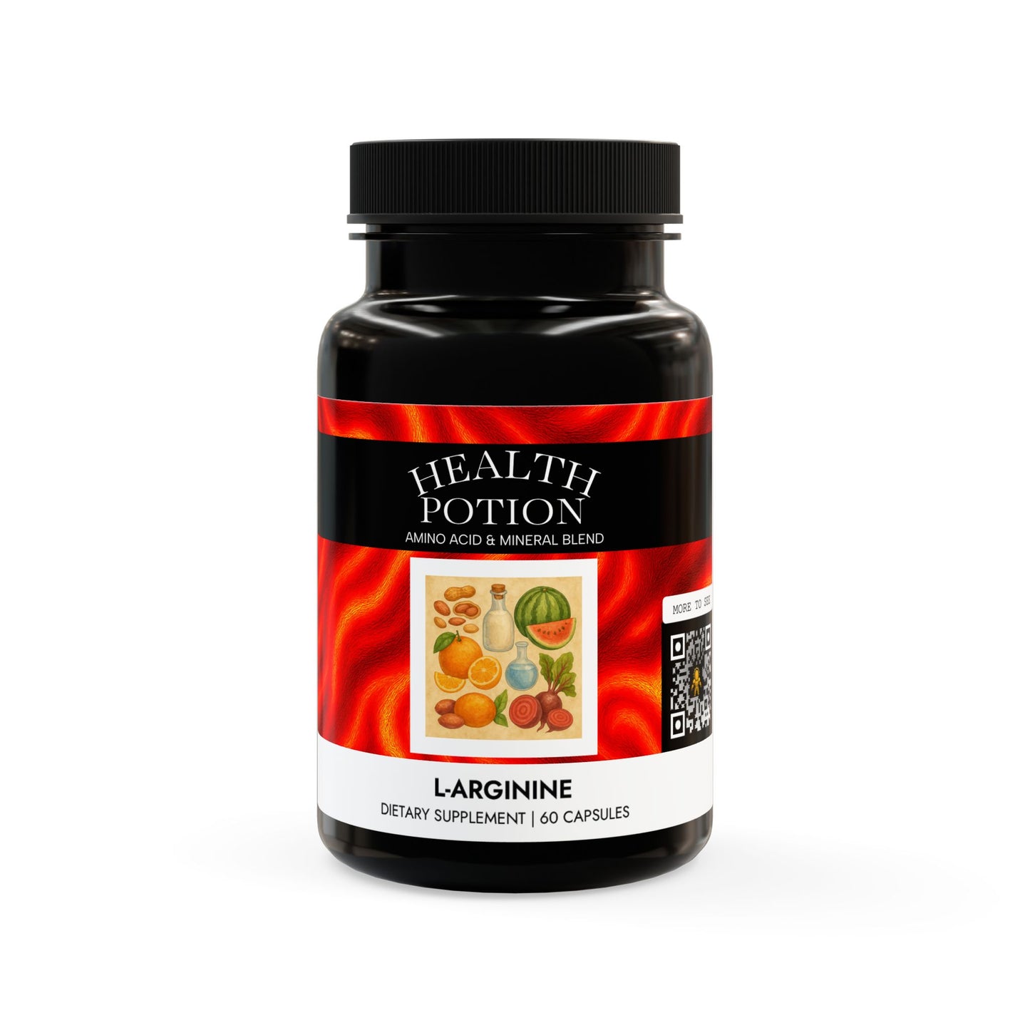 Supplement bottle labeled 'Health Potion' on a white background