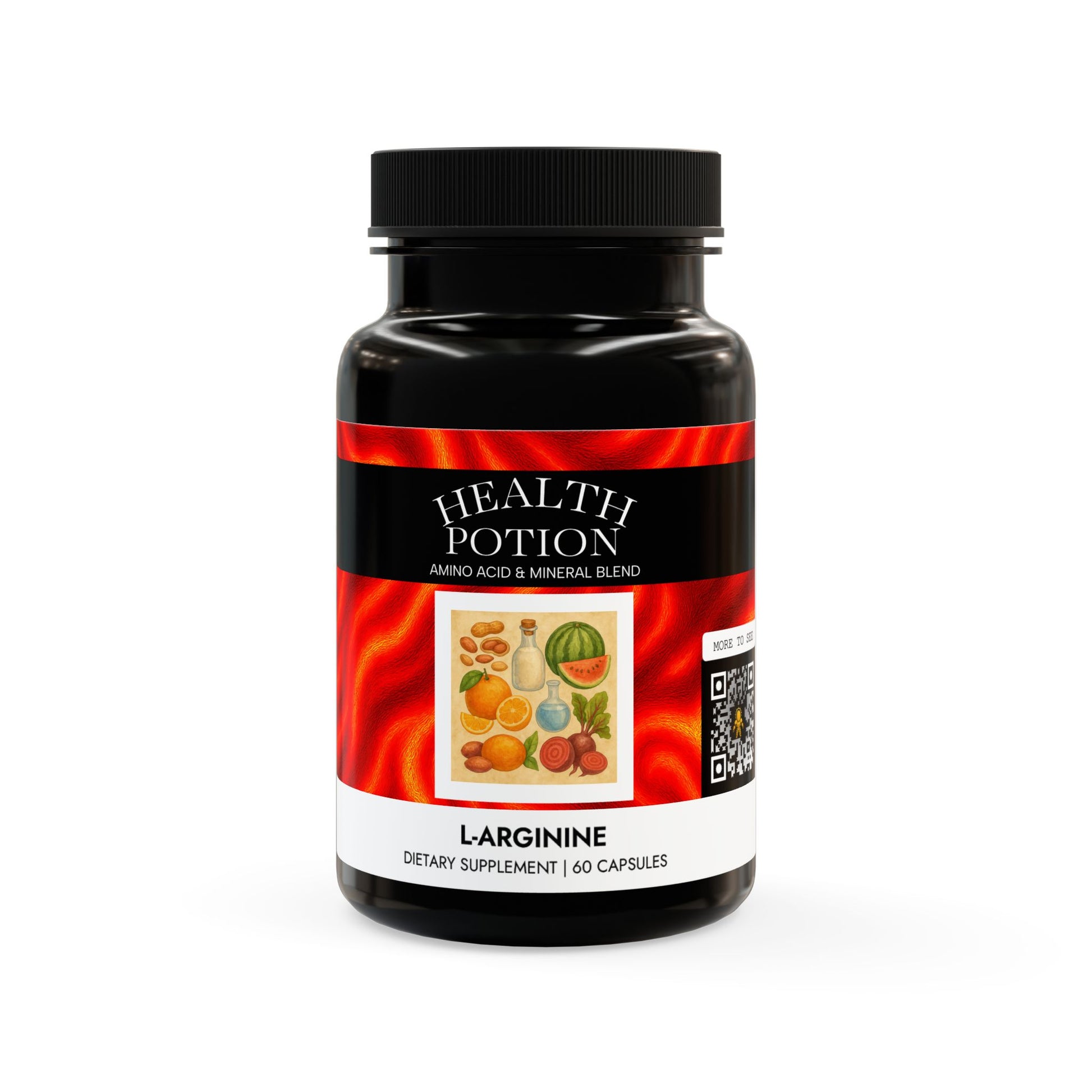 Supplement bottle labeled 'Health Potion' on a white background